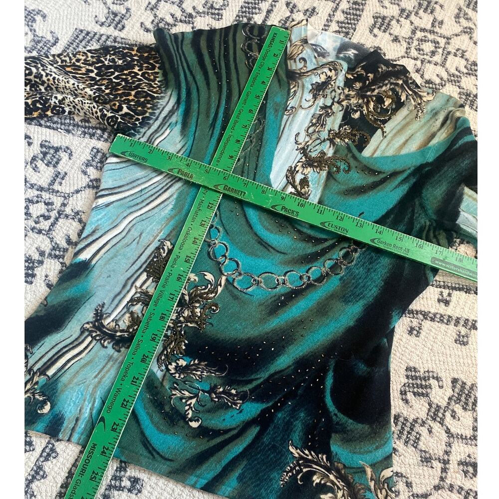 Alberto Makali Beaded Graphic Mesh Knit Top Teal Leopard Print Size M - Picture 6 of 7